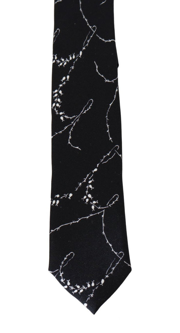 Black Silk Dog-rose Print Slim Tie