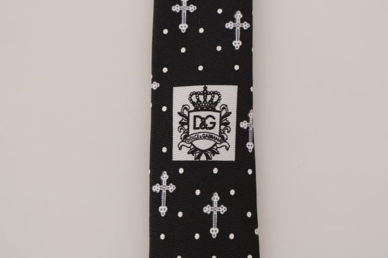 Black Silk White Cross Print Tie