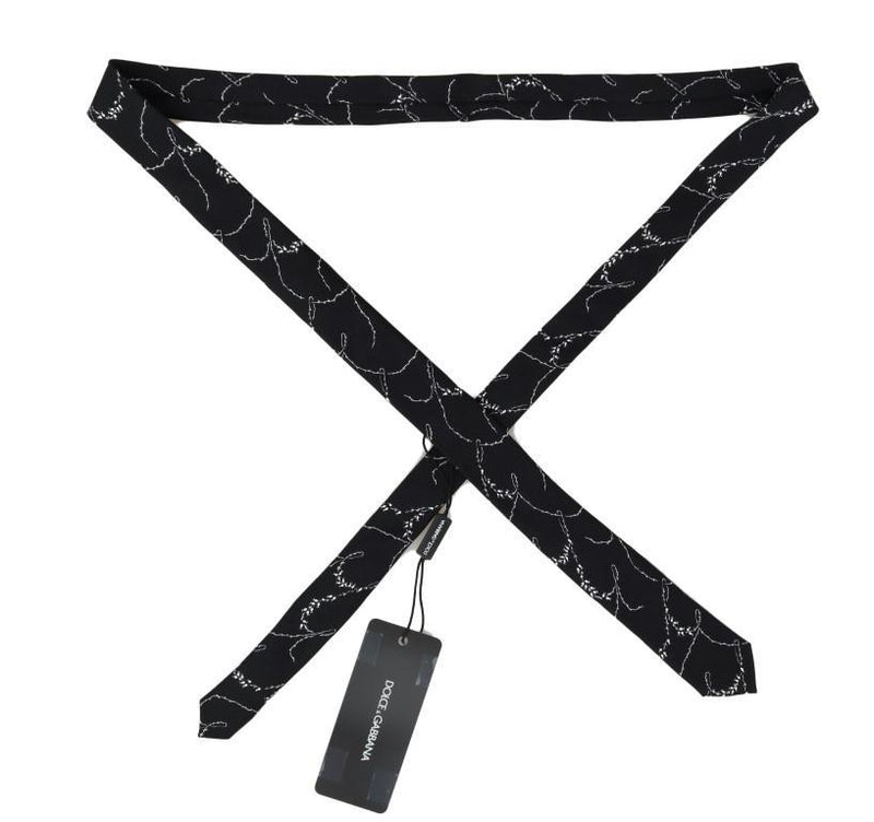 Black Silk Dog-rose Print Slim Tie