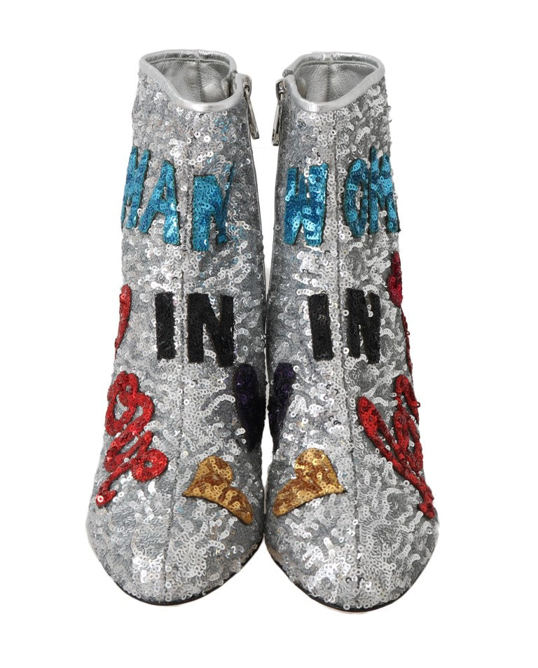 Silver Sequin Love Heart Ankle Boots