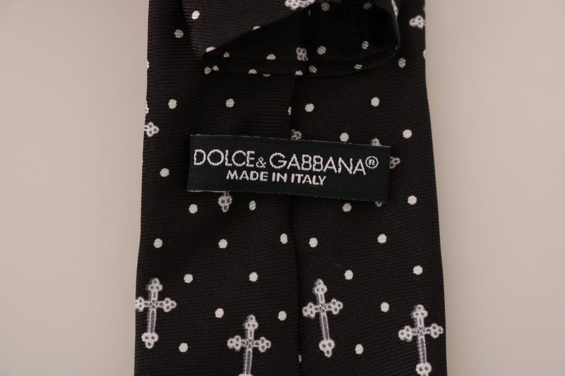 Black Silk White Cross Print Tie