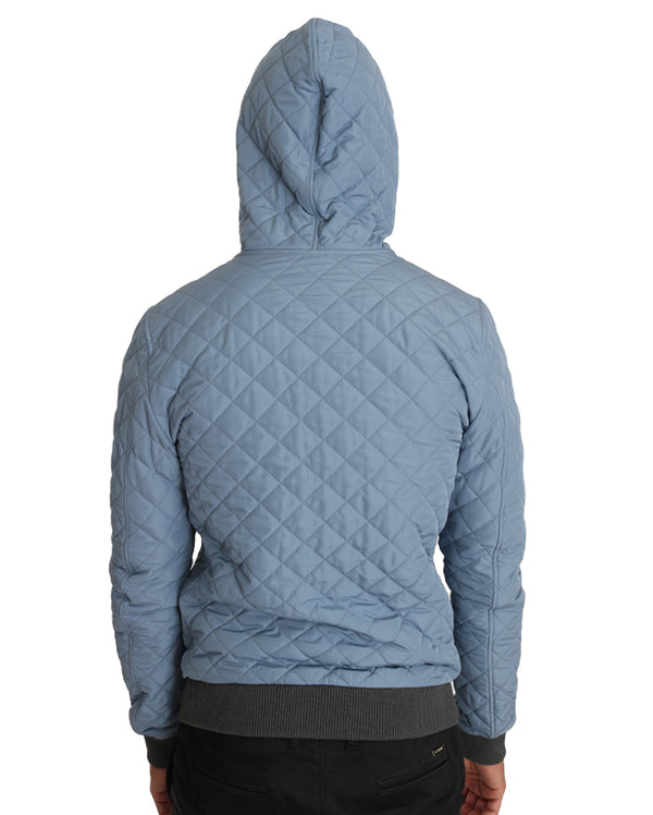 Light Blue Quilted Logo Fashion Bomber Hooded Jacket
