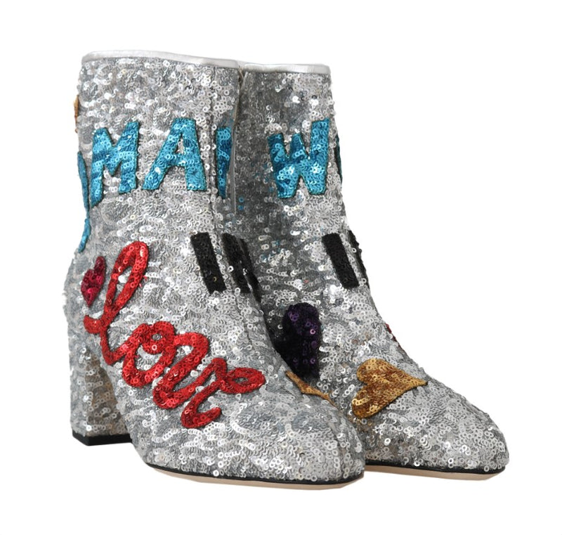 Silver Sequin Love Heart Ankle Boots