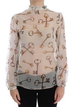 White Key Print Silk Necktie Blouse Top