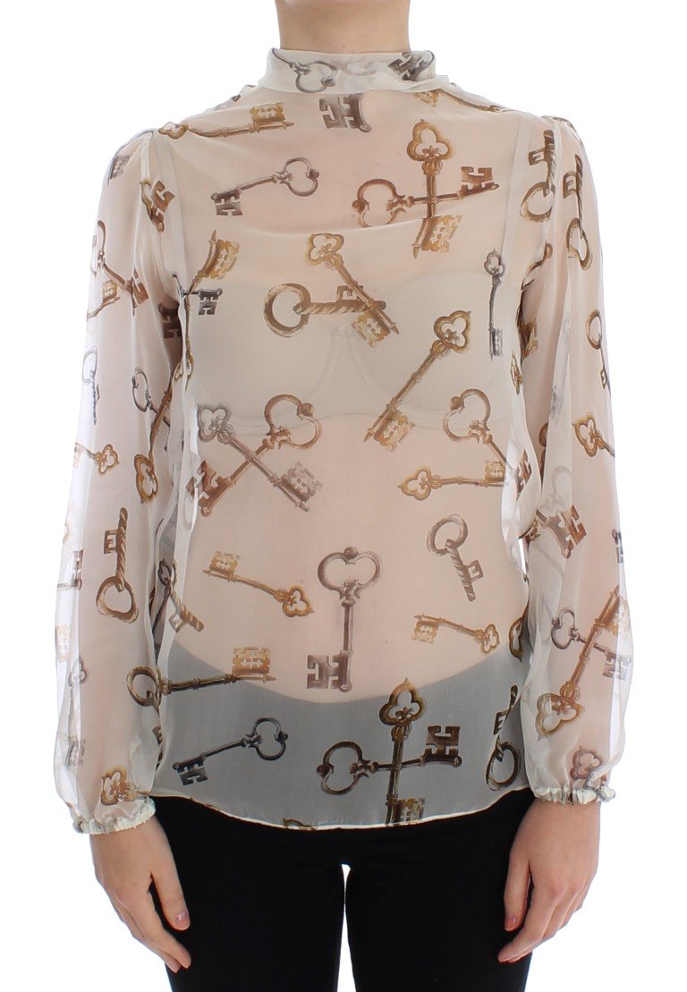 White Key Print Silk Necktie Blouse Top
