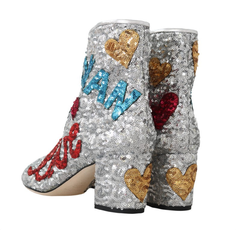 Silver Sequin Love Heart Ankle Boots