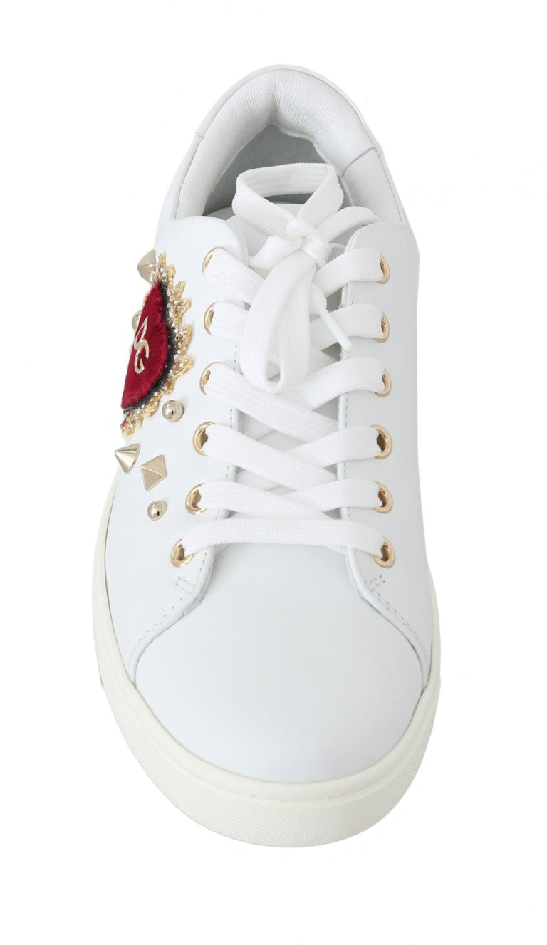 White Leather Gold Red Heart Sneakers