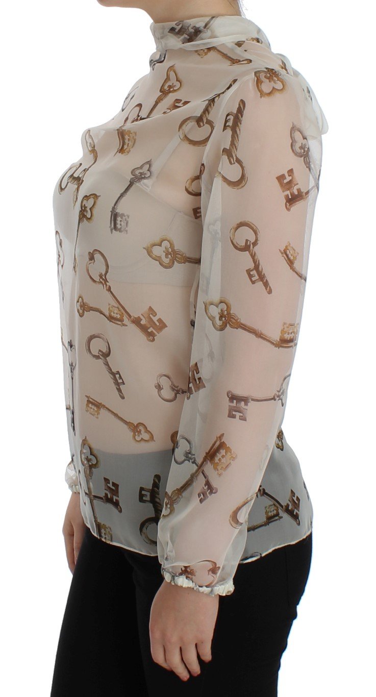 White Key Print Silk Necktie Blouse Top
