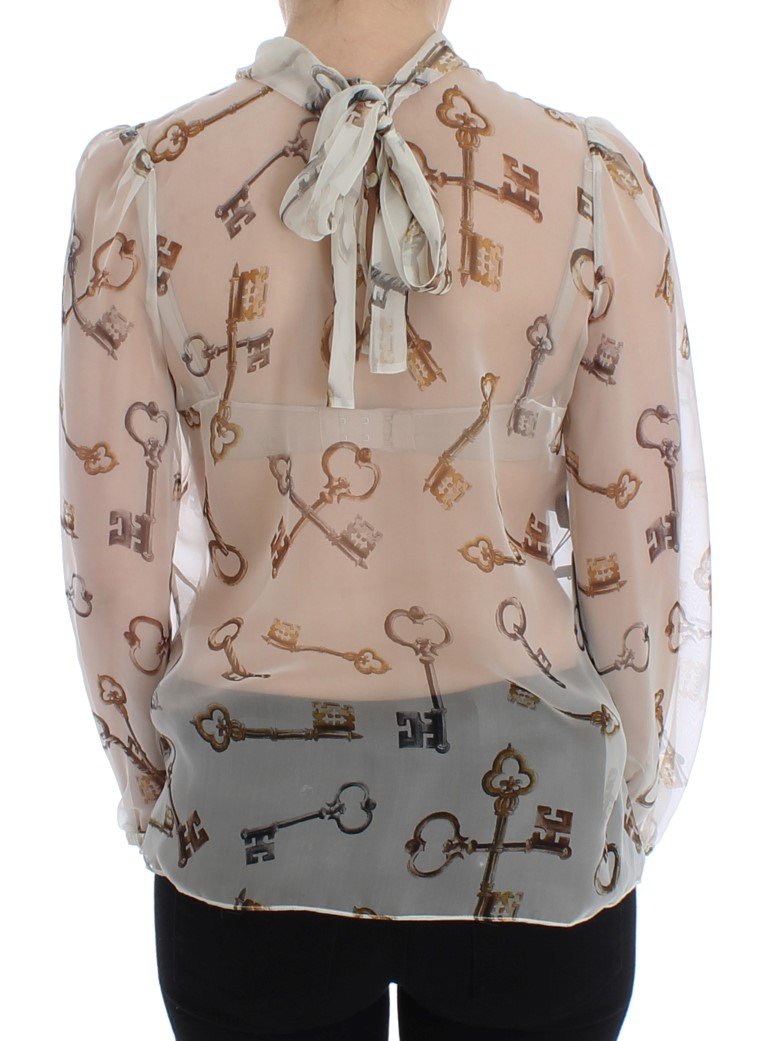 White Key Print Silk Necktie Blouse Top