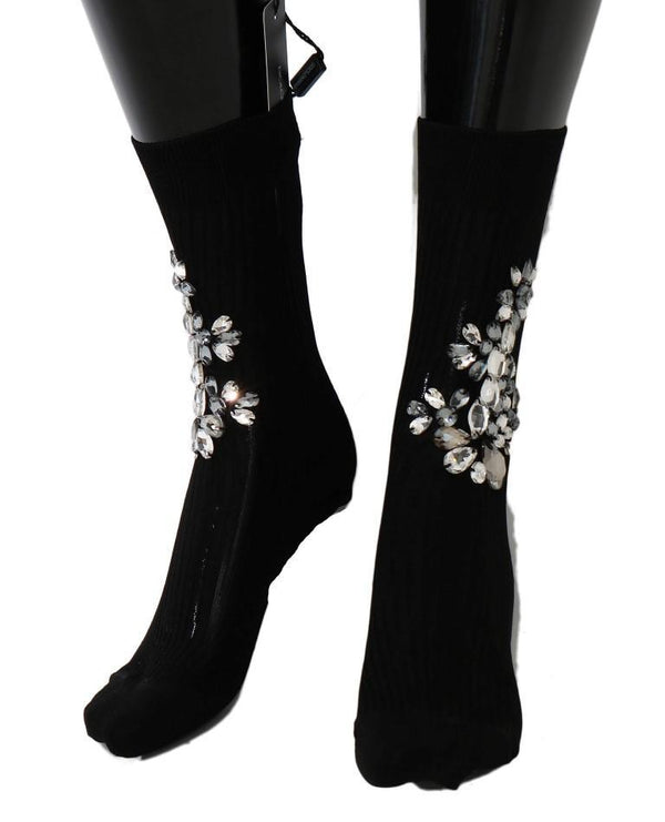 Black Knitted Floral Clear Crystal Socks