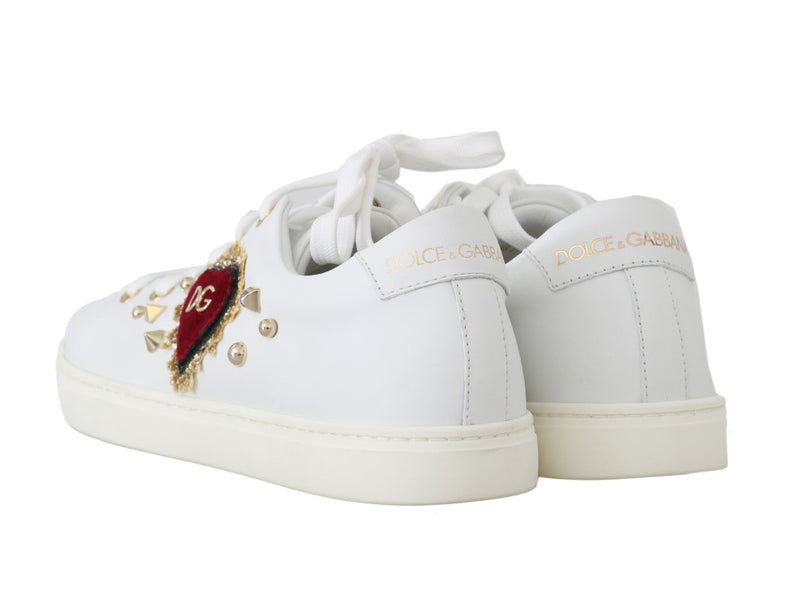 White Leather Gold Red Heart Sneakers