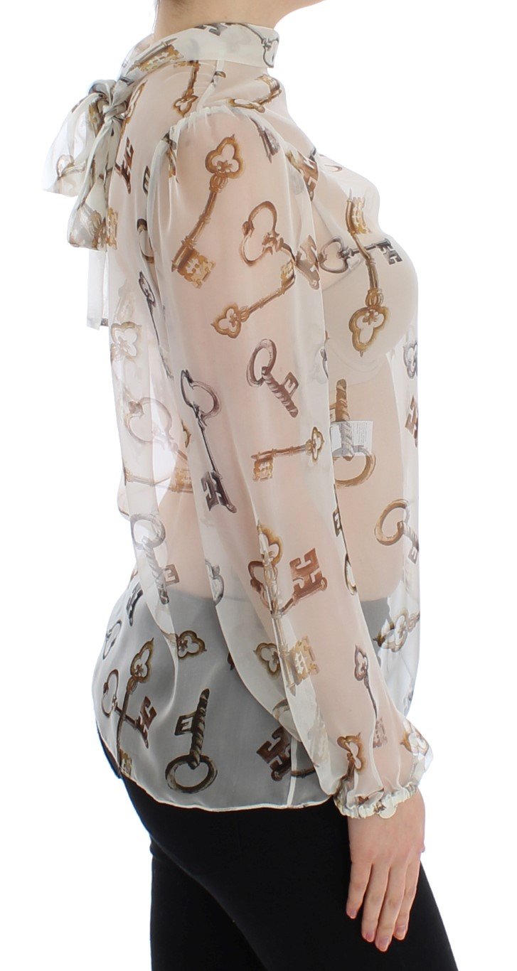White Key Print Silk Necktie Blouse Top