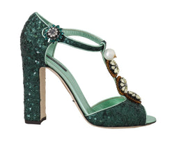 Green Sequin Leather Crystal Sandal