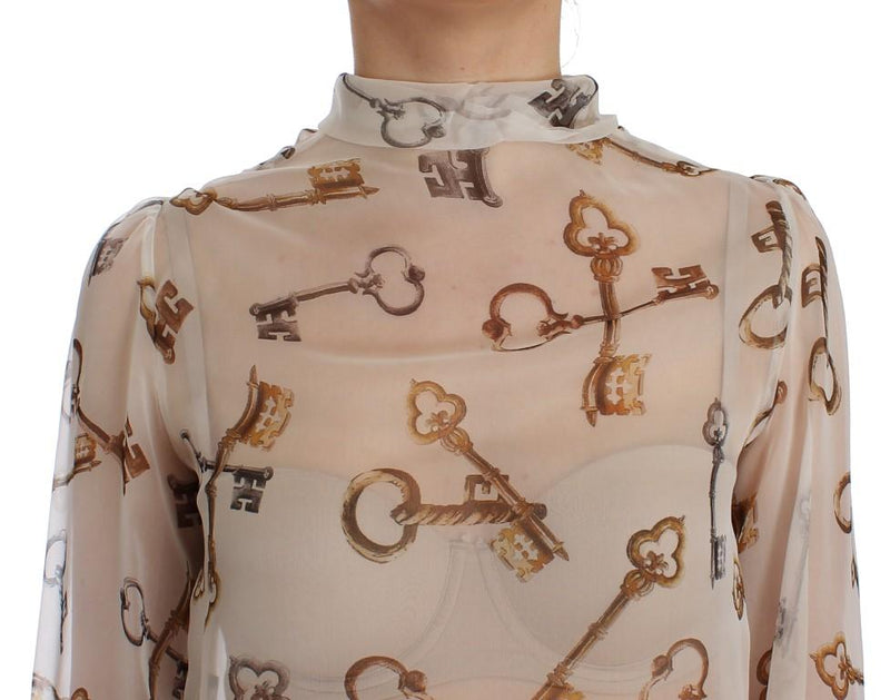 White Key Print Silk Necktie Blouse Top