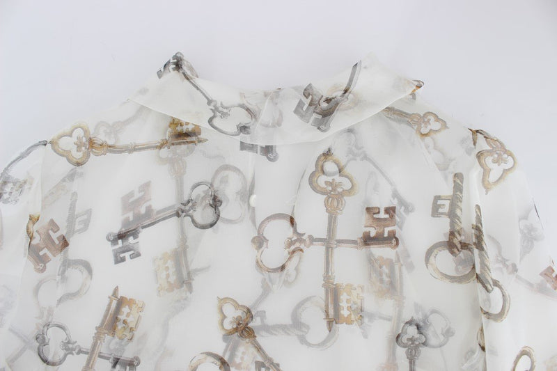 White Key Print Silk Necktie Blouse Top