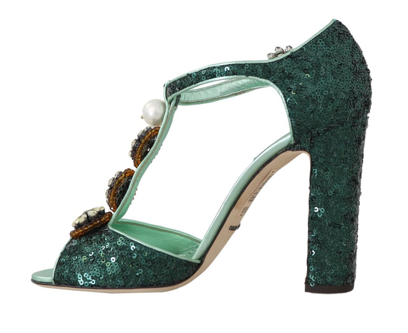 Green Sequin Leather Crystal Sandal