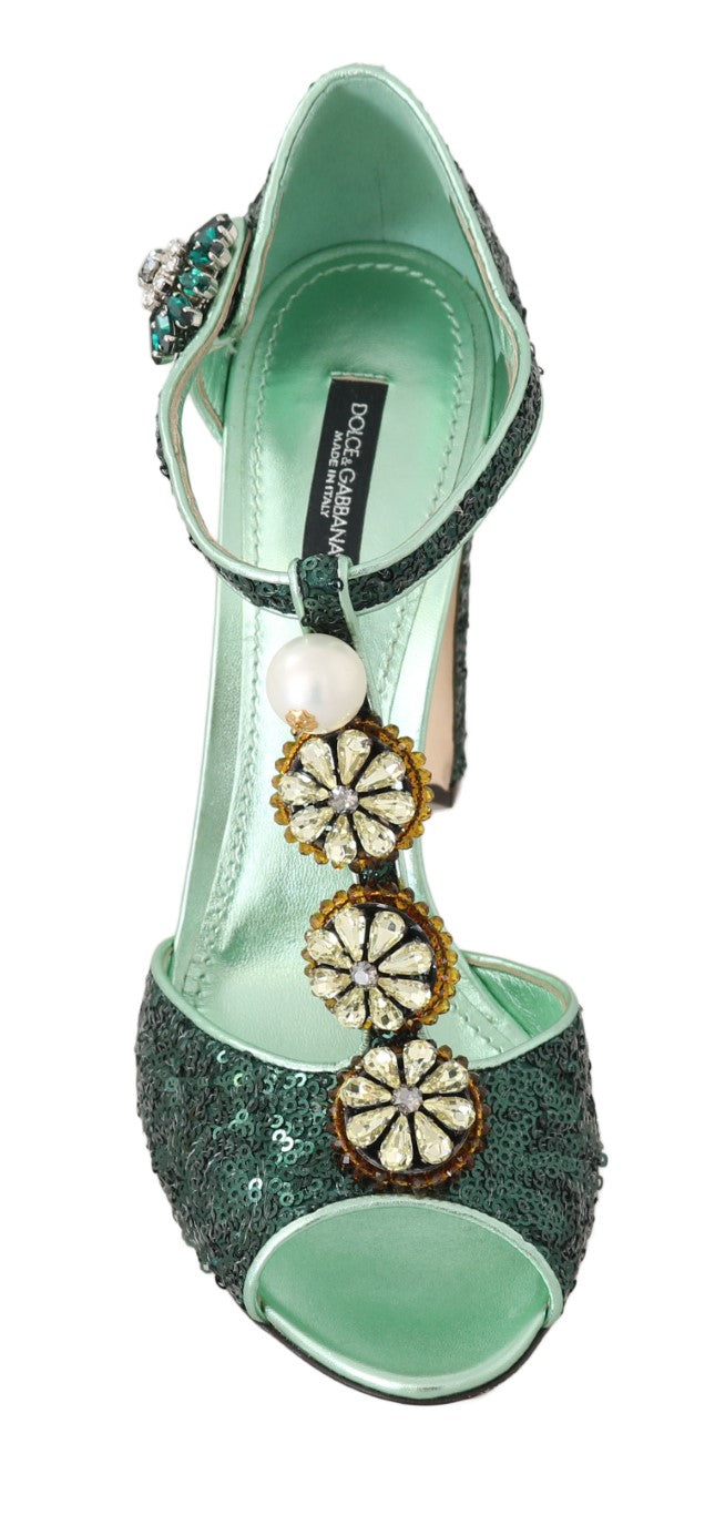 Green Sequin Leather Crystal Sandal