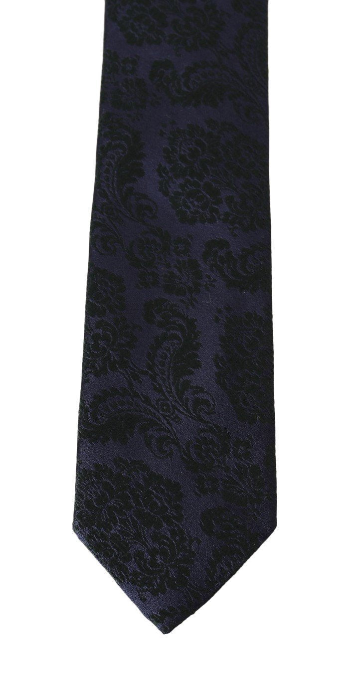 Purple Silk Black Floral Print Classic Tie