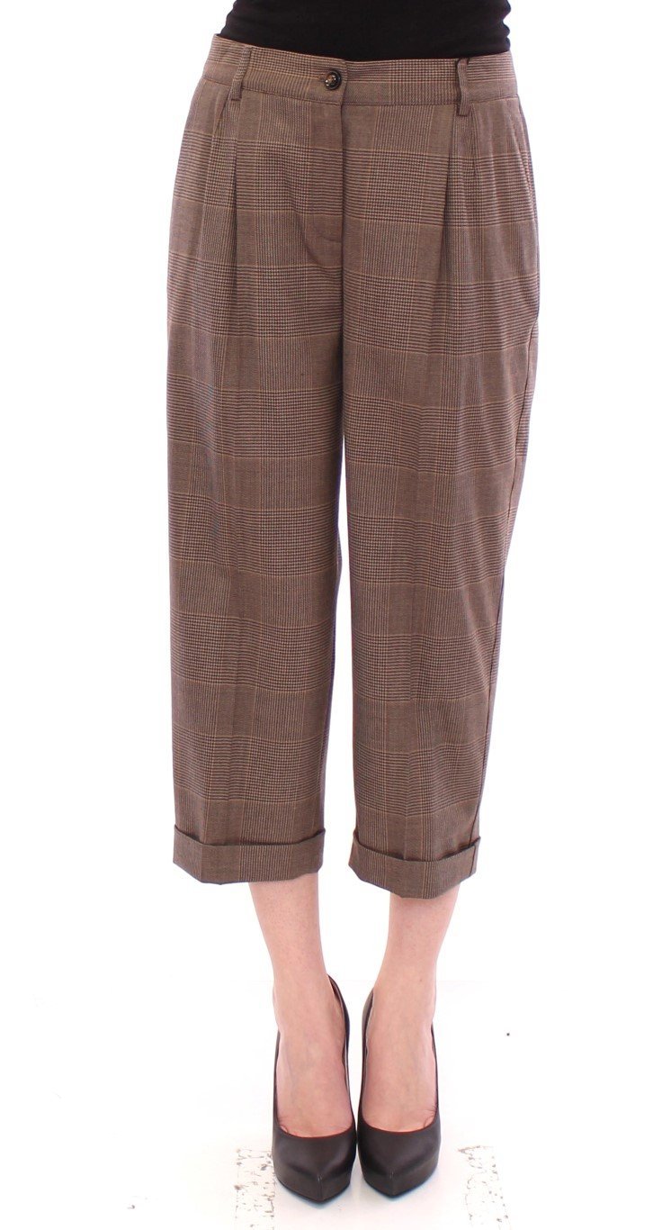 Brown Virgin Wool Checkered Cropped Pants