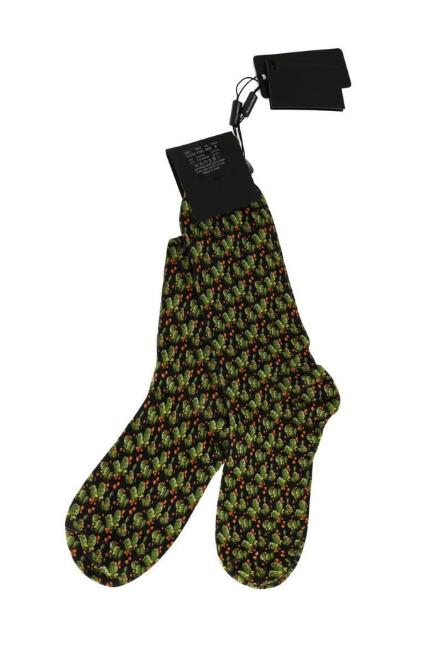 Black Green Cotton Pattern Socks