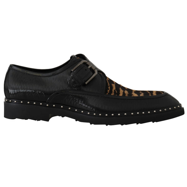 Black Leather Pony Hair Monkstrap Shoes