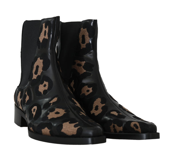 Black Leather Leopard Chelsea Boots