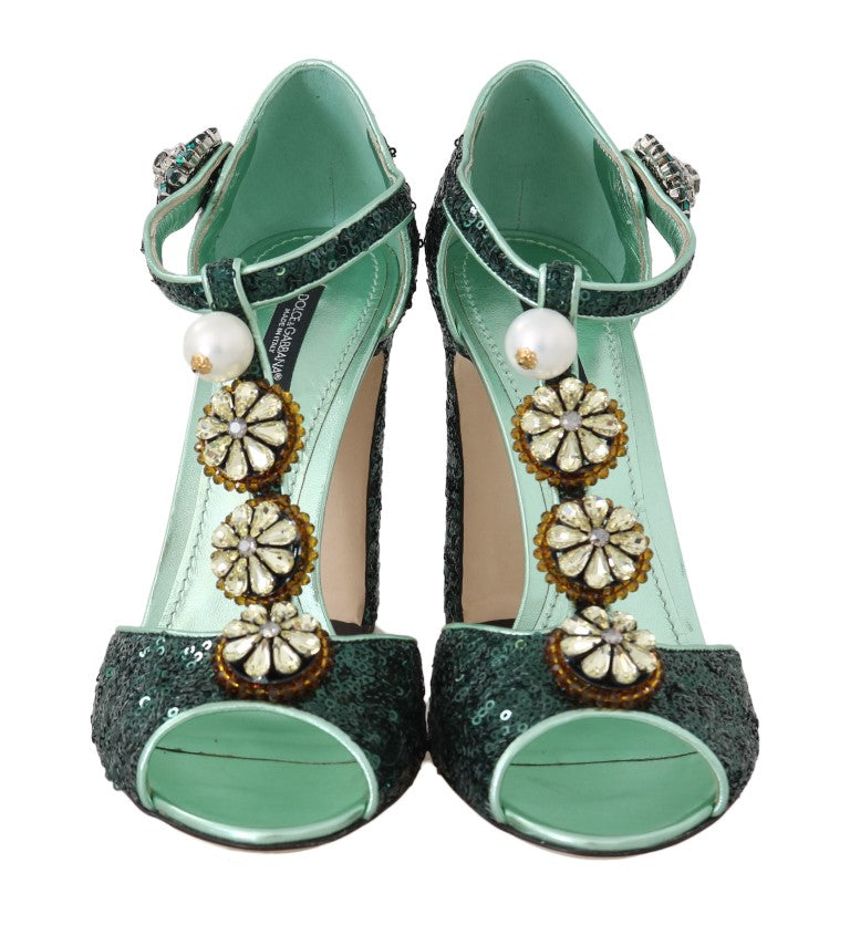 Green Sequin Leather Crystal Sandal