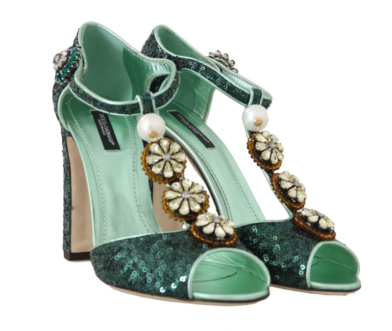 Green Sequin Leather Crystal Sandal