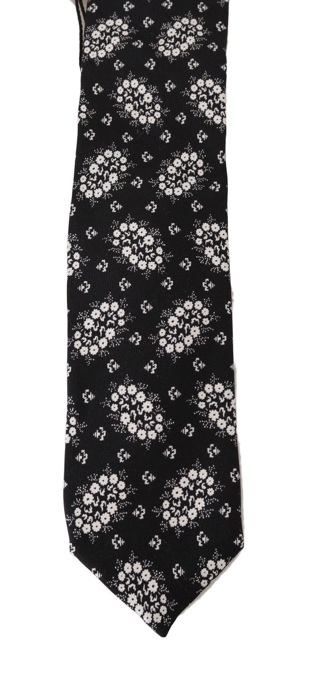 Black Silk White Floral Print Tie