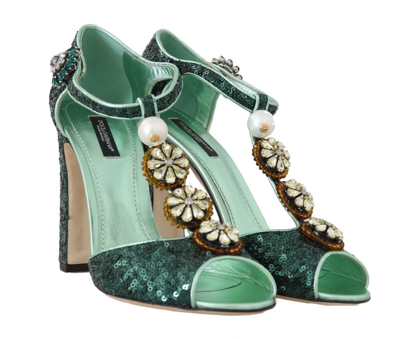 Green Sequin Leather Crystal Sandal