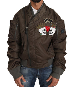 Brown Beaded Crown Skull Applique Logo Jacket