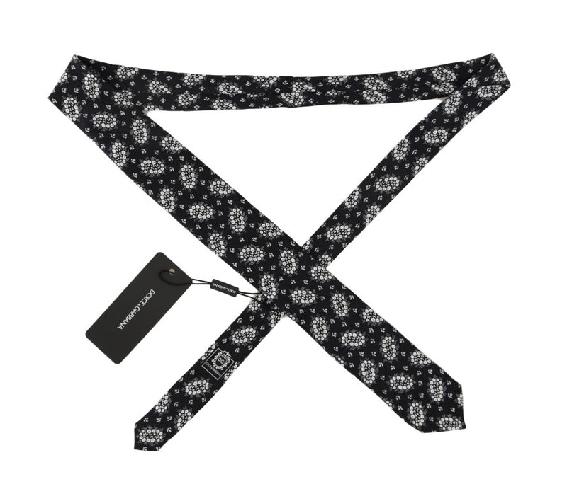 Black Silk White Floral Print Tie