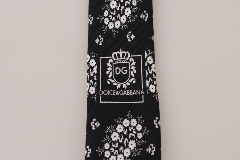 Black Silk White Floral Print Tie