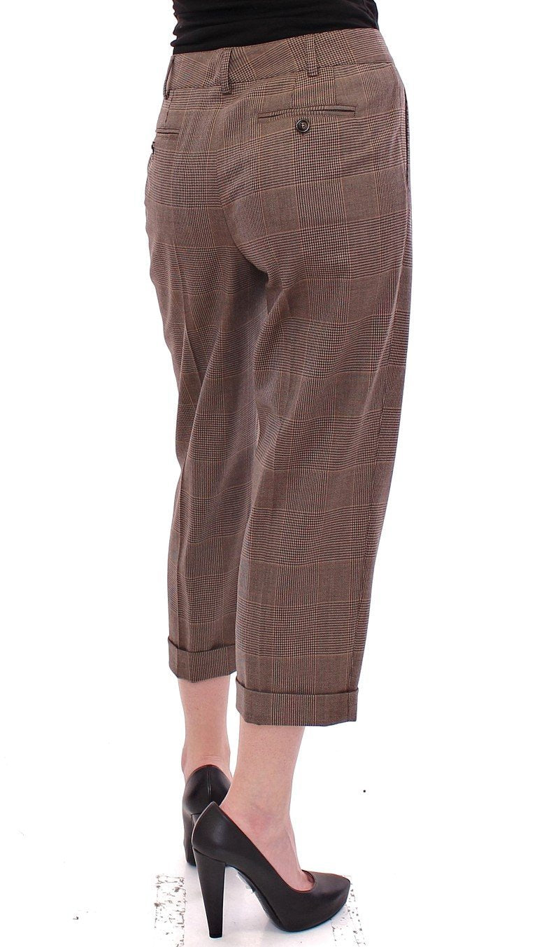 Brown Virgin Wool Checkered Cropped Pants