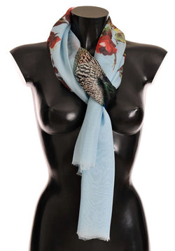 Blue Bird Floral Print Silk Scarf