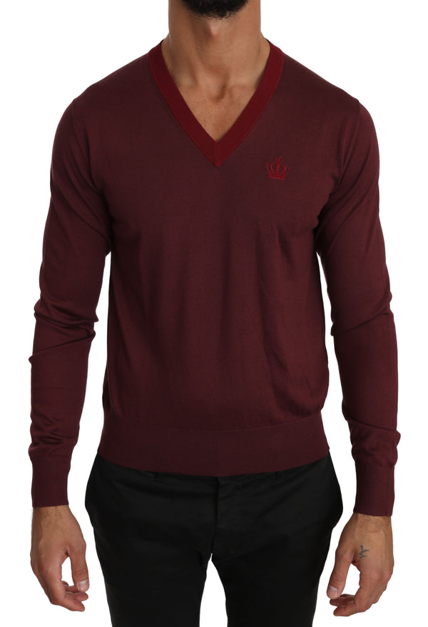 Bordeaux 100% Silk V-neck Crown Sweater