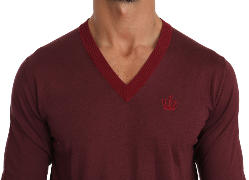 Bordeaux 100% Silk V-neck Crown Sweater