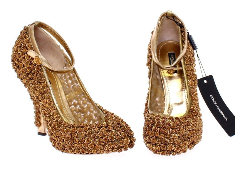 Gold Floral Metal Leather Pumps