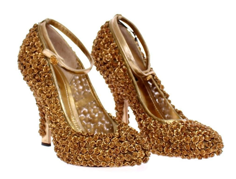 Gold Floral Metal Leather Pumps