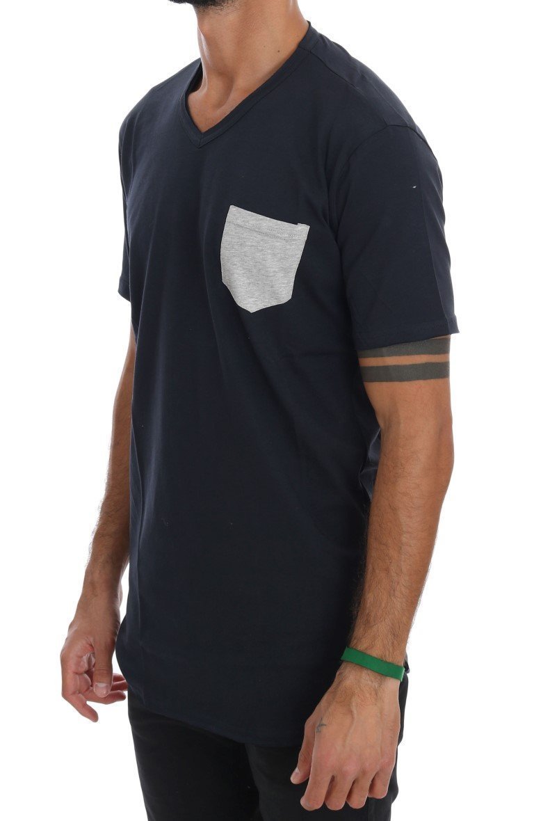 Blue Cotton V-neck T-Shirt