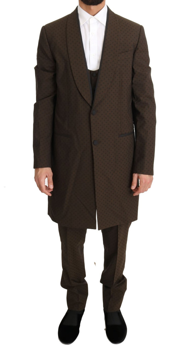 Brown Wool Stretch Long 3 Piece Suit