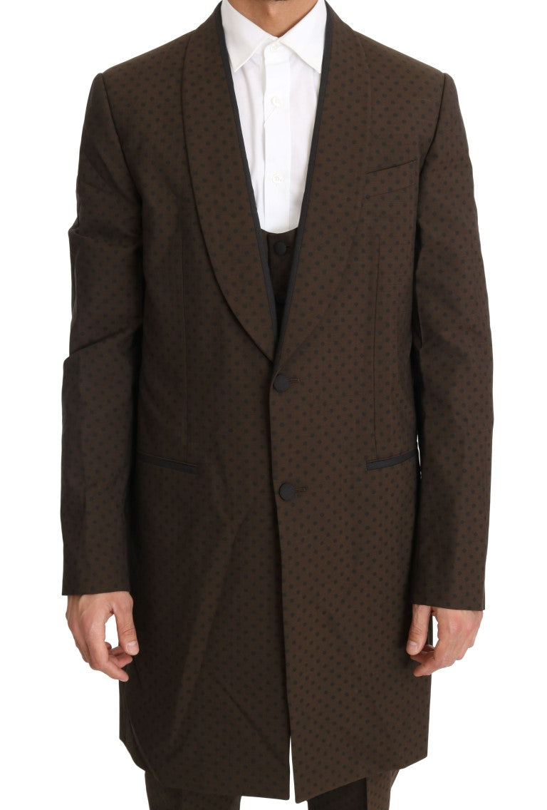 Brown Wool Stretch Long 3 Piece Suit