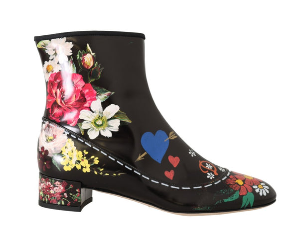 Black Leather Floral Ankle Boots
