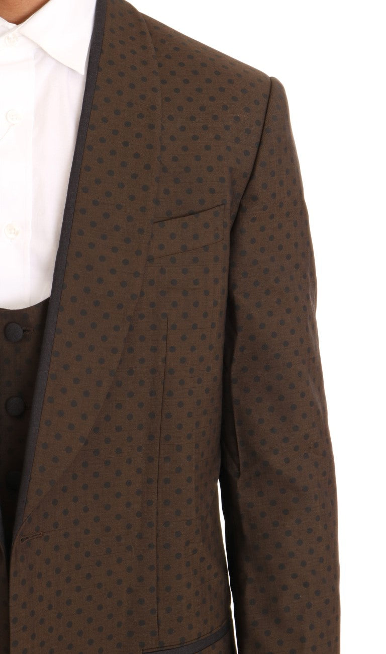 Brown Wool Stretch Long 3 Piece Suit