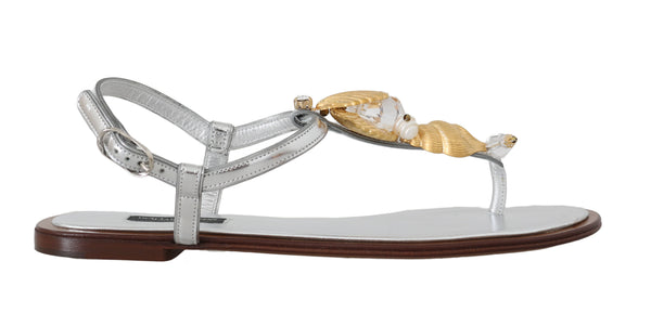 Silver Leather Seashell Pearl Sandals