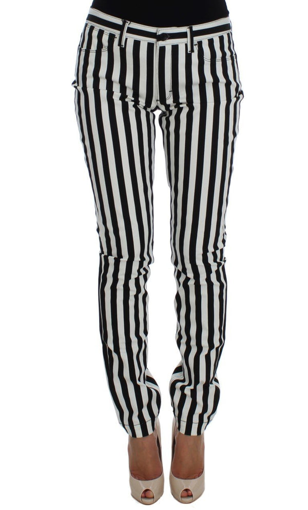 White Black Striped Cotton Stretch Jeans