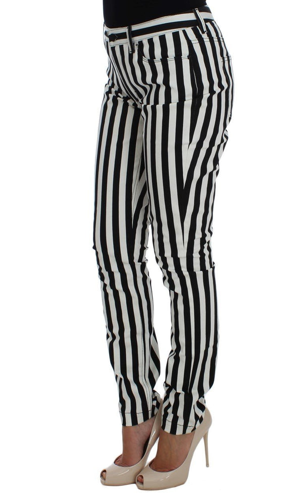 White Black Striped Cotton Stretch Jeans