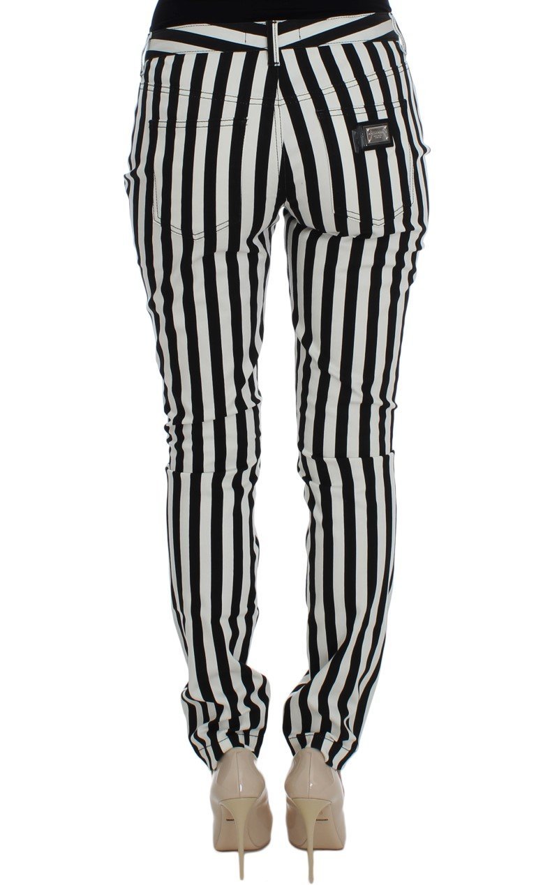 White Black Striped Cotton Stretch Jeans