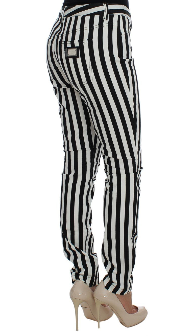 White Black Striped Cotton Stretch Jeans