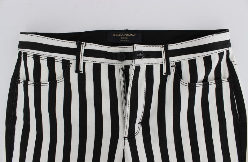 White Black Striped Cotton Stretch Jeans